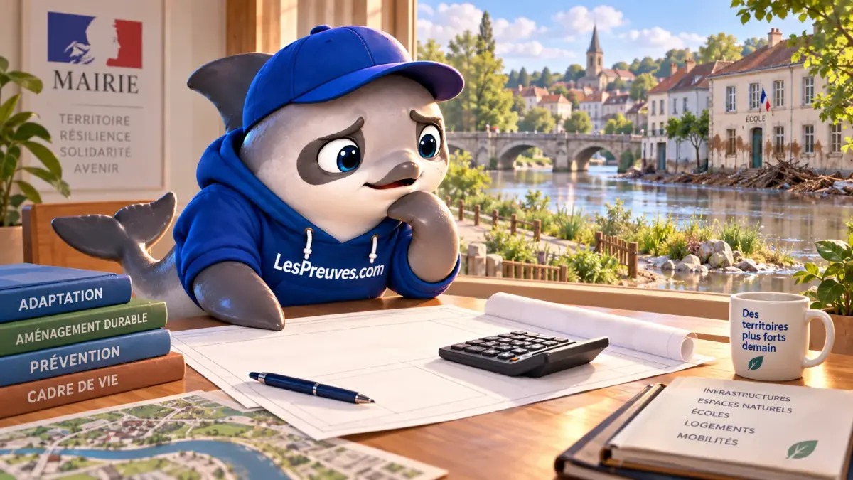 Coûts de l’adaptation et de l’inaction La vaquita examine des plans et une calculatrice dans un bureau municipal ; une rivière et une école touchée par une crue apparaissent derrière la fenêtre.