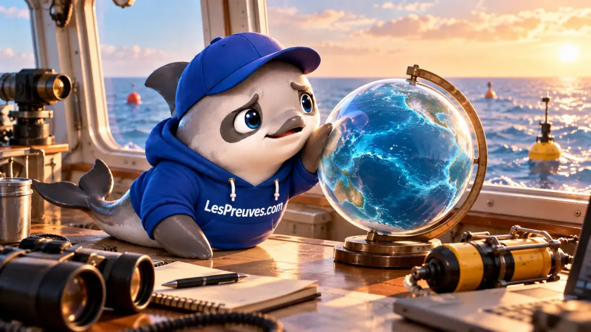 Les angles morts de l'océan : où les mesures manquent encore — illustration La vaquita examine un globe et des instruments sur un navire, avec quelques bouées visibles au large.
