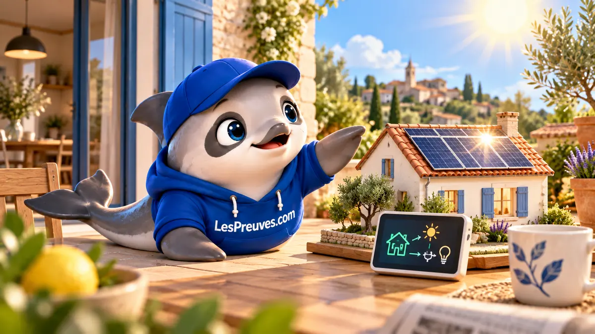 La vaquita observe une maquette de maison équipée de panneaux solaires sur une terrasse ensoleillée.