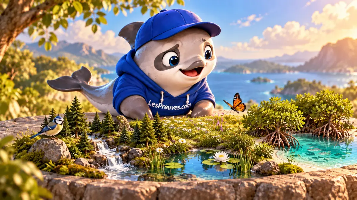 La vaquita émerveillée observe une maquette réunissant forêt, prairie, mare et mangrove.