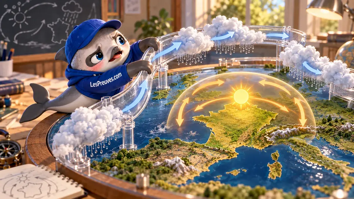 La vaquita montre une maquette symbolique de circulation atmosphérique au-dessus de l’Europe.