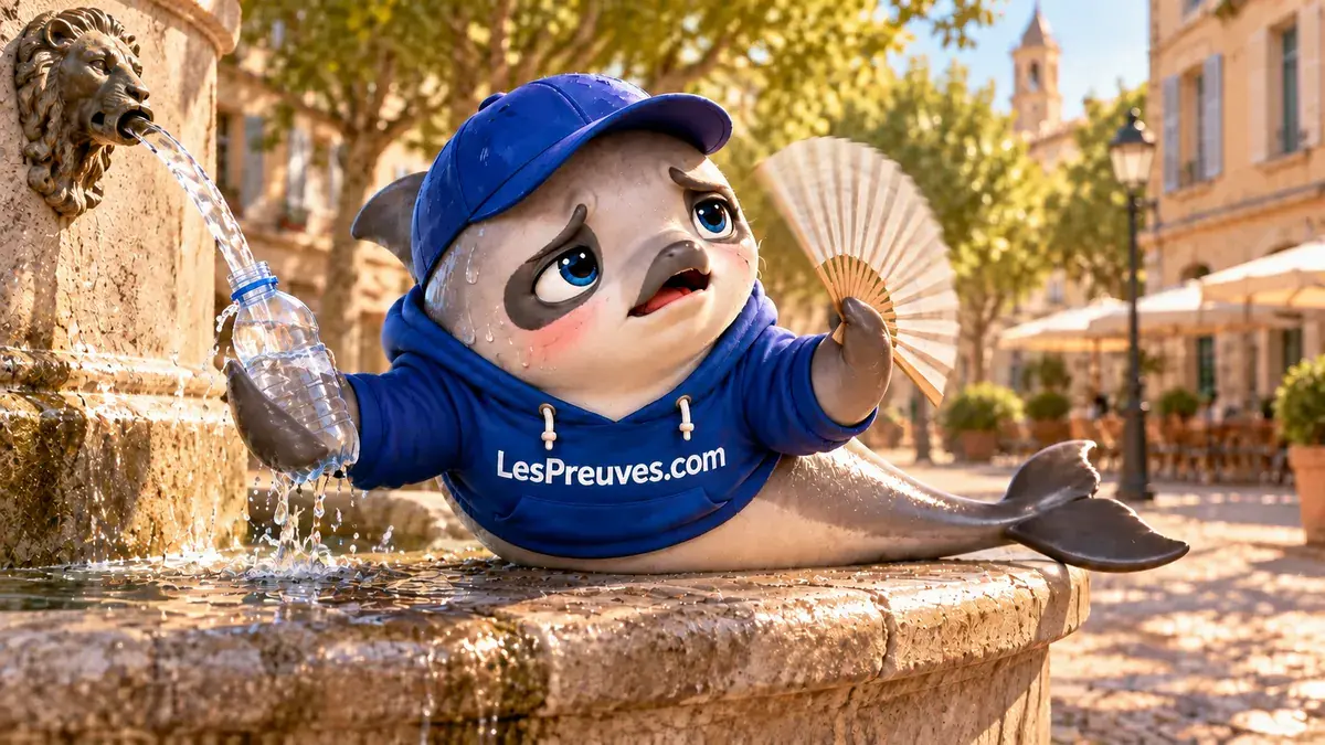 La vaquita éprouvée par la chaleur remplit une gourde à une fontaine et s’évente.