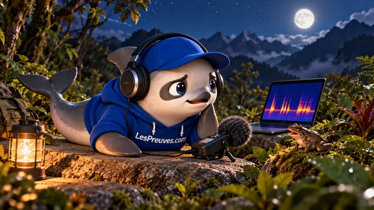 La vaquita LesPreuves écoute un enregistreur près d’une grenouille, avec un microphone et un spectrogramme illustratif affiché sur un ordinateur.