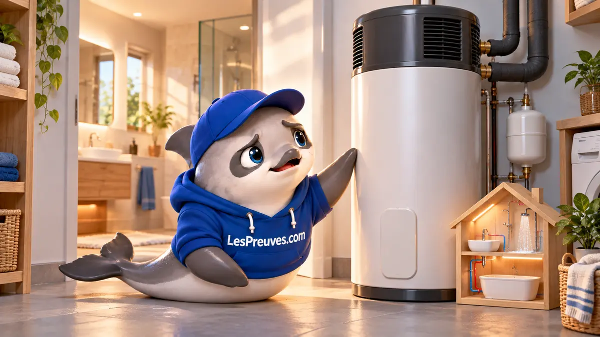 La vaquita présente un chauffe-eau thermodynamique près d’une maquette de maison.