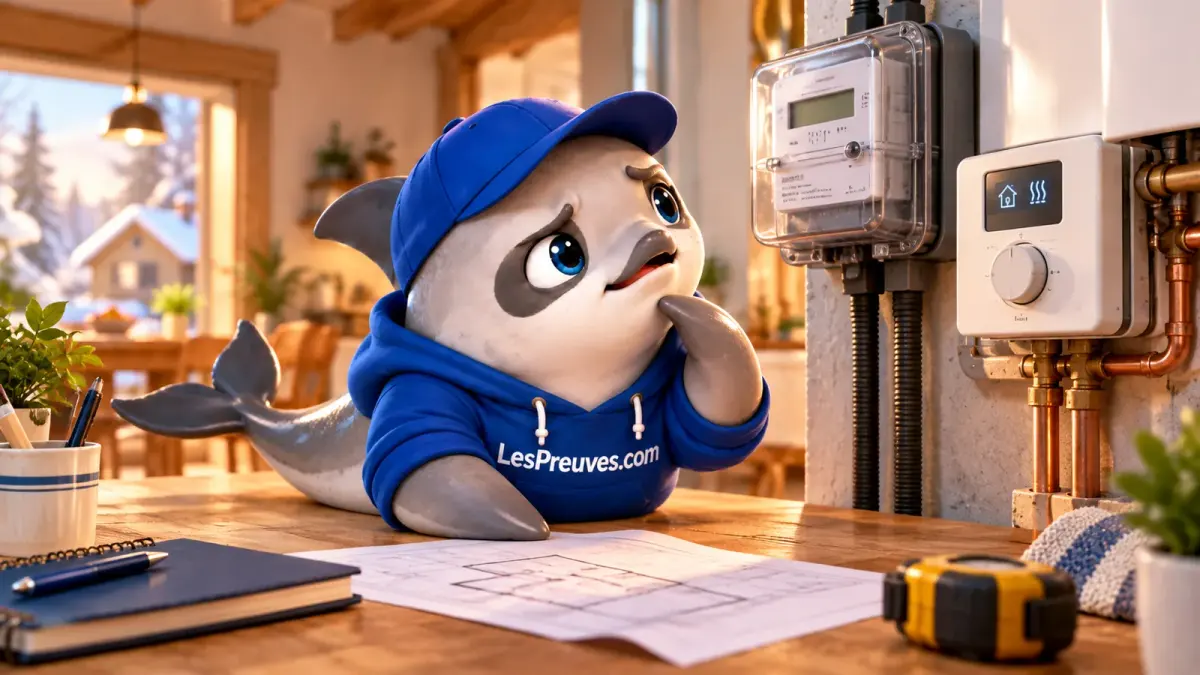 Combien consomme une pompe à chaleur dans une maison réelle ? — illustration La vaquita observe un compteur électrique et un réglage de chauffage dans une maison.