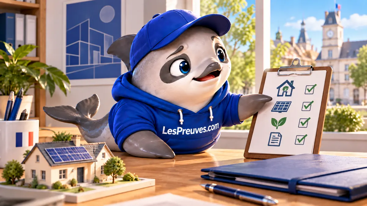 La vaquita parcourt une liste de démarches près d’une maquette de maison solaire.
