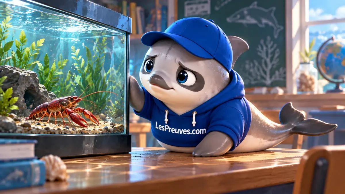 La vaquita examine une écrevisse rouge dans un aquarium pédagogique fermé.