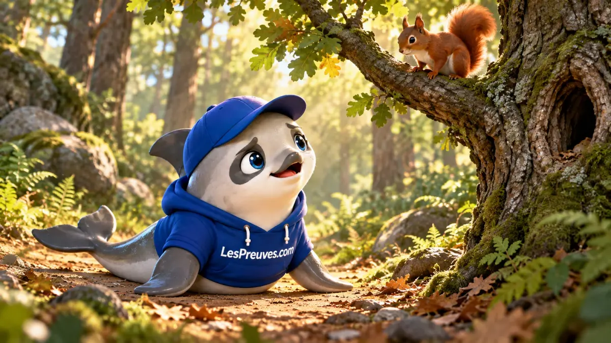 La vaquita regarde un écureuil roux dans un arbre, sans s’en approcher.