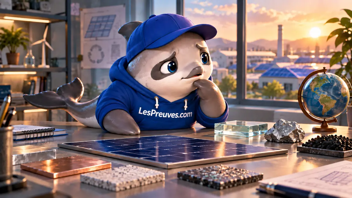 La vaquita étudie des échantillons de matériaux et un module solaire près d’un globe.