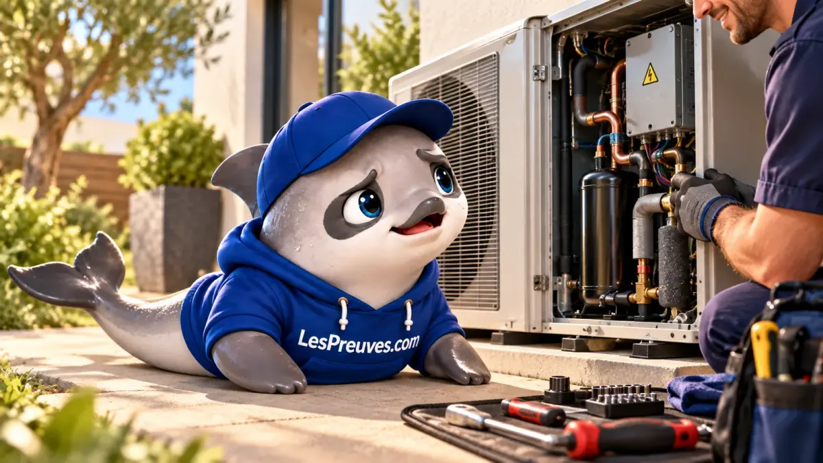 La vaquita observe un technicien inspectant une pompe à chaleur ouverte, avec des outils disposés sur l’établi.