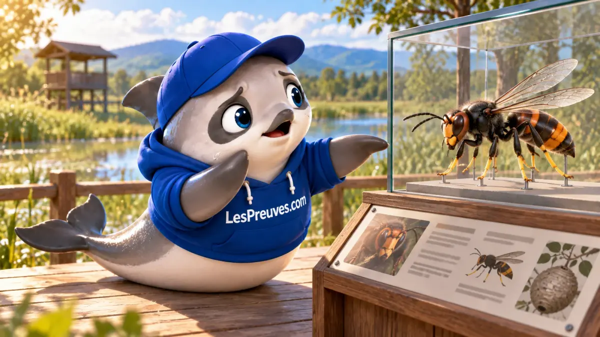 La vaquita étonnée examine un modèle de frelon sous une vitrine pédagogique.