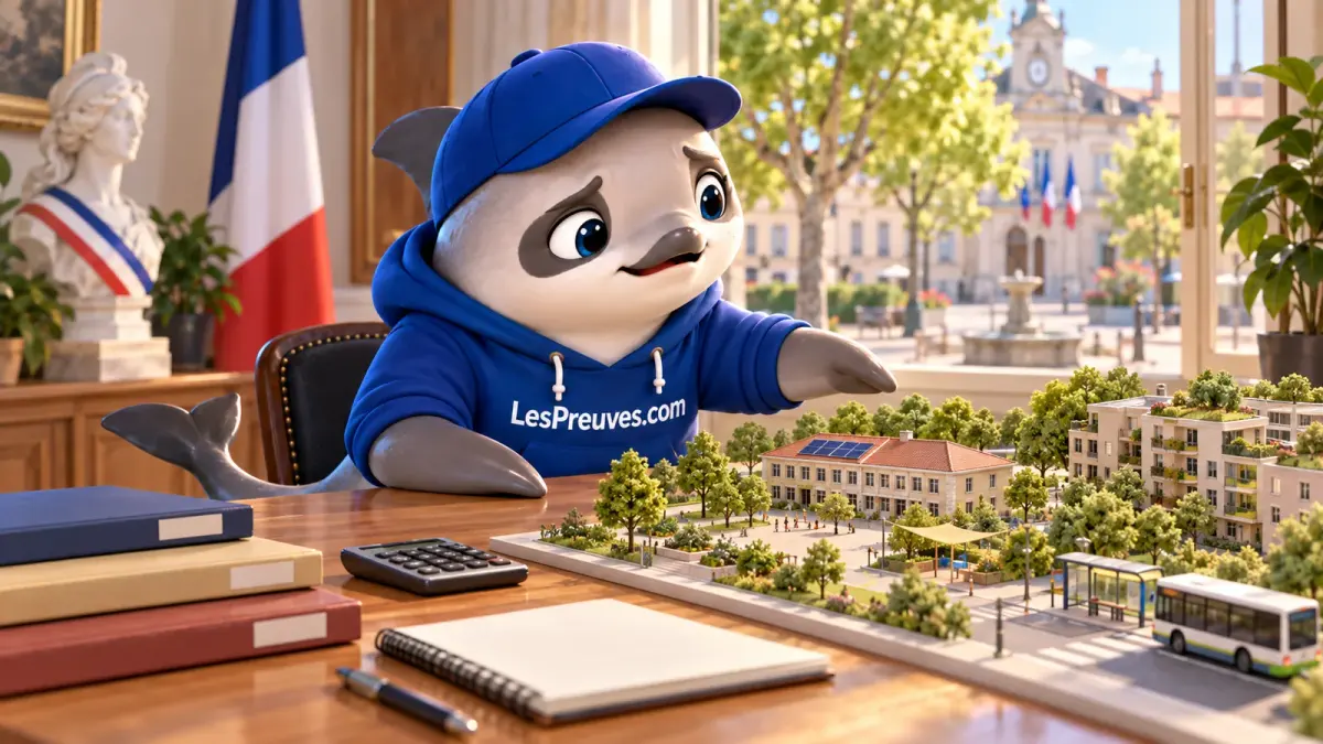 La vaquita observe une maquette d’école, de logements et d’espaces ombragés dans un bureau municipal, avec une calculatrice et des dossiers.
