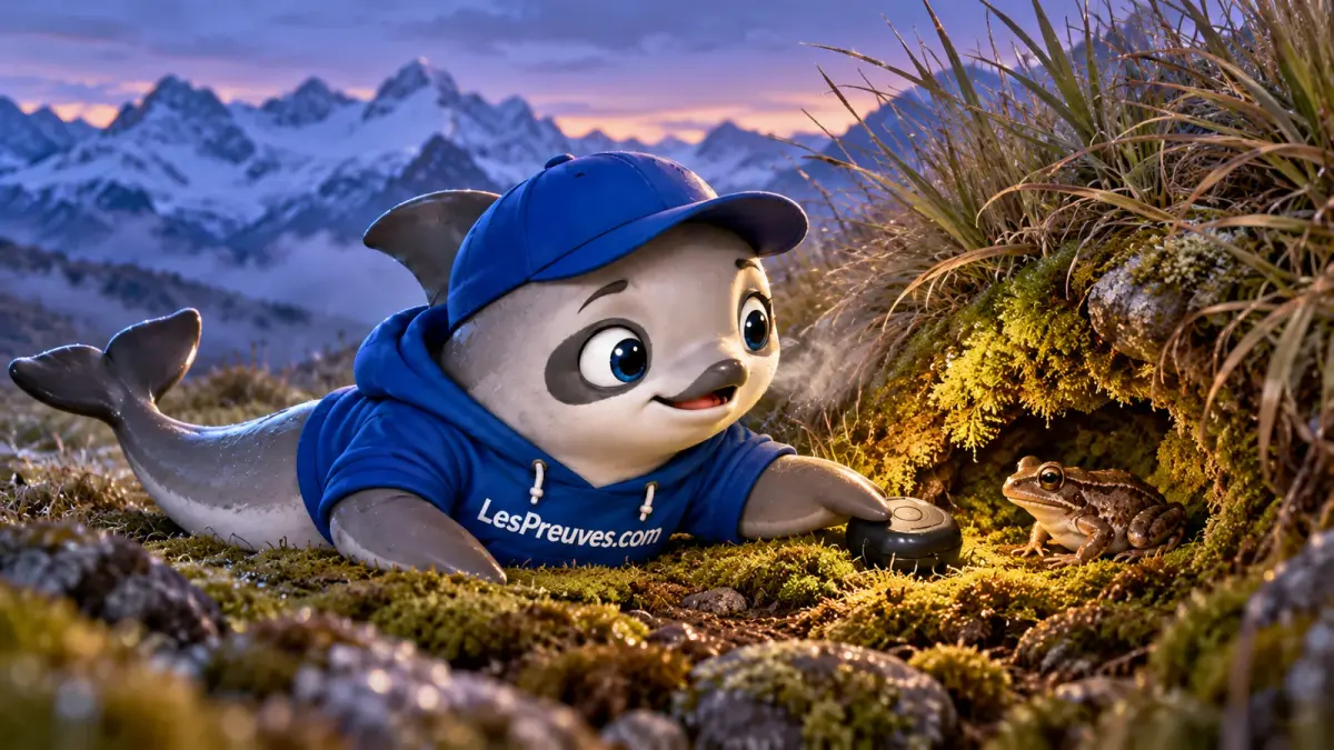 La vaquita LesPreuves observe une grenouille représentée dans un abri de mousse et d’herbes, près d’un capteur, dans une scène de montagne illustrative.