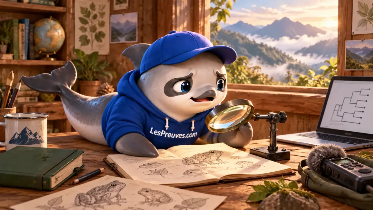 La vaquita compare des dessins de grenouilles à une station de recherche, avec une loupe, un enregistreur et un schéma de parenté illustratif.