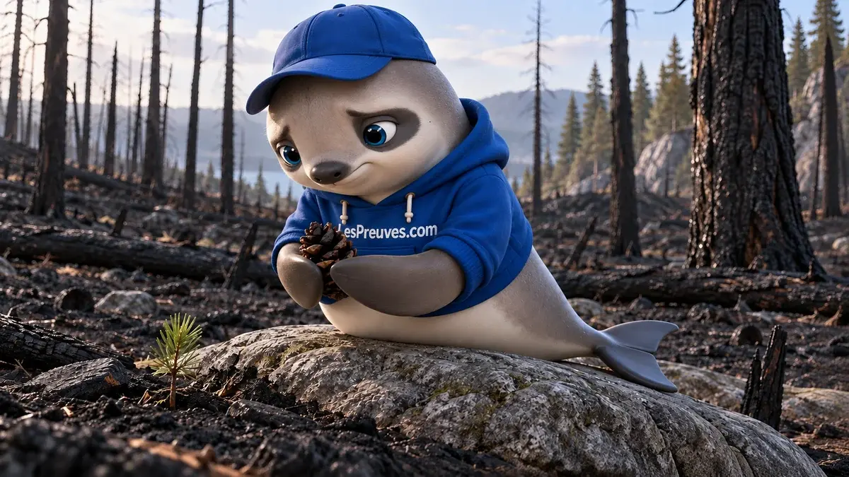 La vaquita examine une pomme de pin noircie au bord d’une forêt touchée par le feu.
