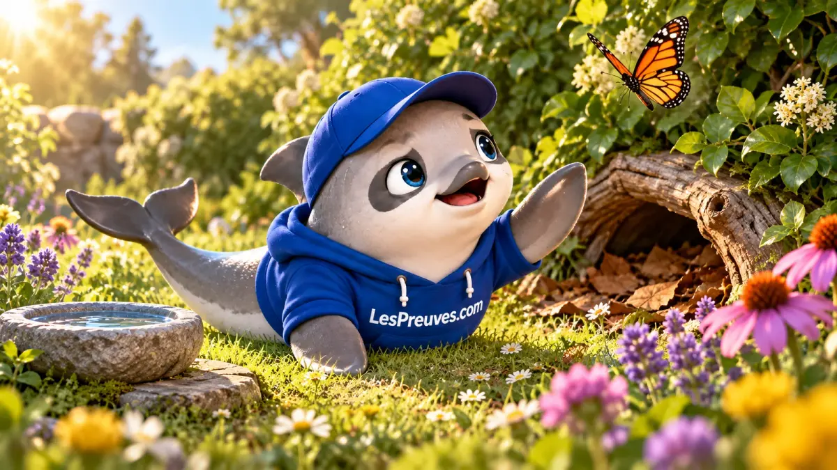 La vaquita souriante découvre un jardin fleuri avec une haie et un refuge de branches.
