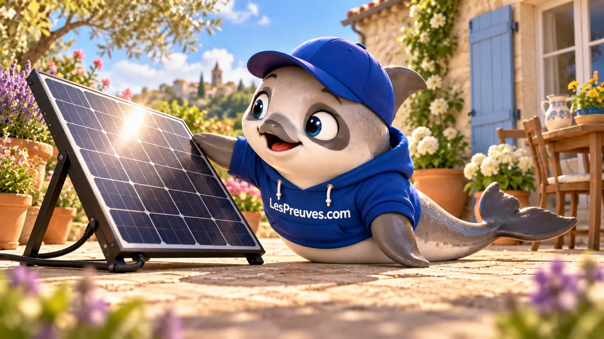 La vaquita examine avec curiosité un petit panneau solaire posé sur une terrasse.