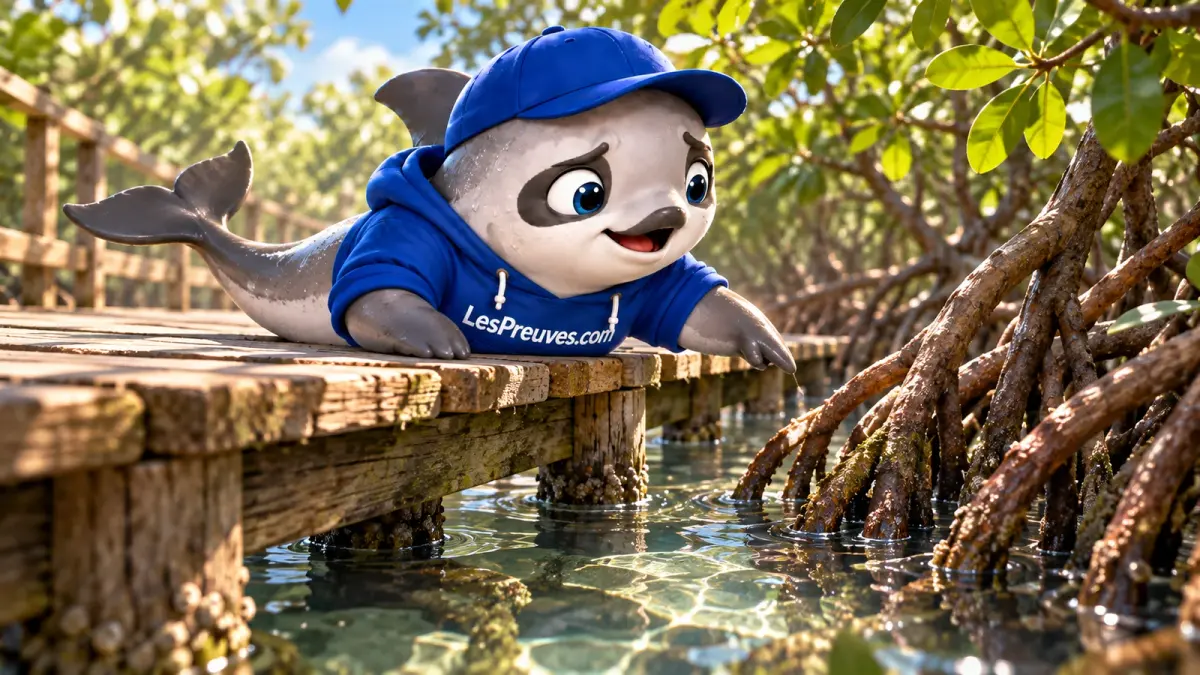 La vaquita découvre les racines d’une mangrove depuis une passerelle en bois.