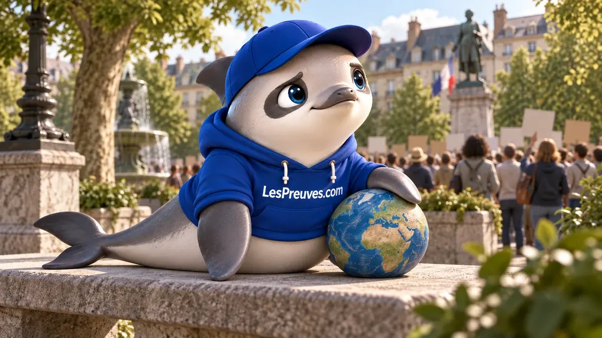 La vaquita pose une nageoire sur un globe, devant un rassemblement citoyen illustré.