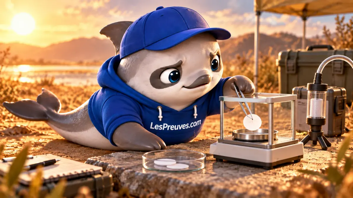 La vaquita observe la pesée d’un filtre sur une balance, à côté d’un préleveur d’air.