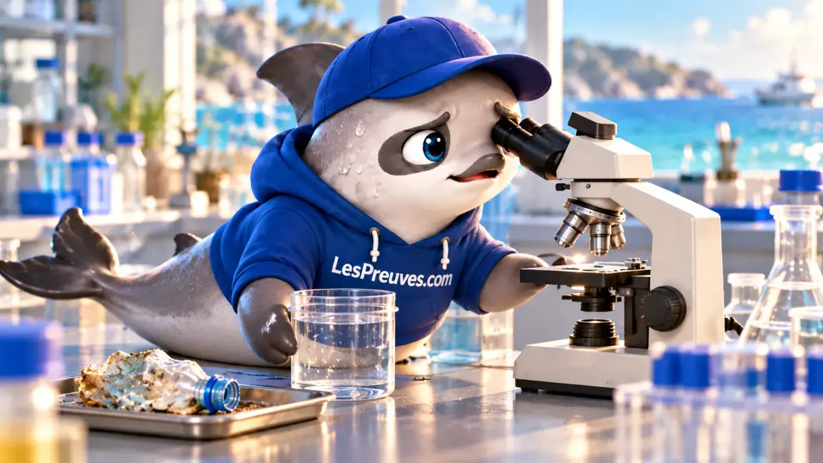 Microplastiques dans l’eau : observer pour comprendre La vaquita observe un échantillon d’eau au microscope, près d’une bouteille en plastique usée.