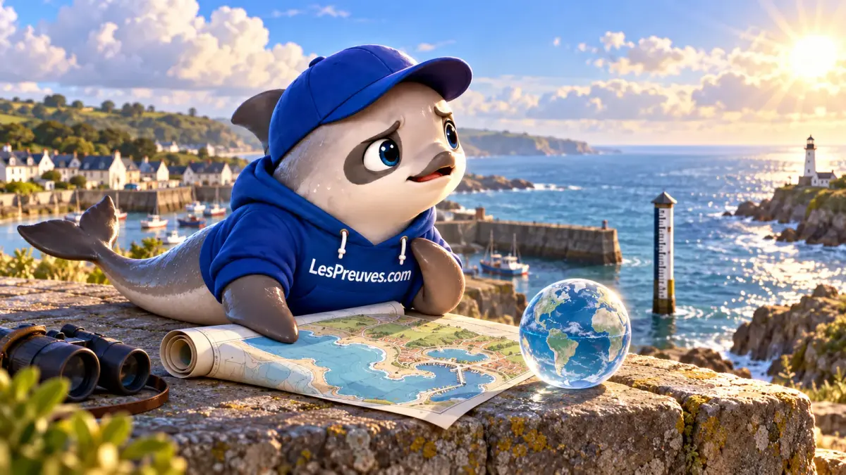 La vaquita observe un port depuis une carte côtière, près d’un globe et d’une jauge marine symbolique.