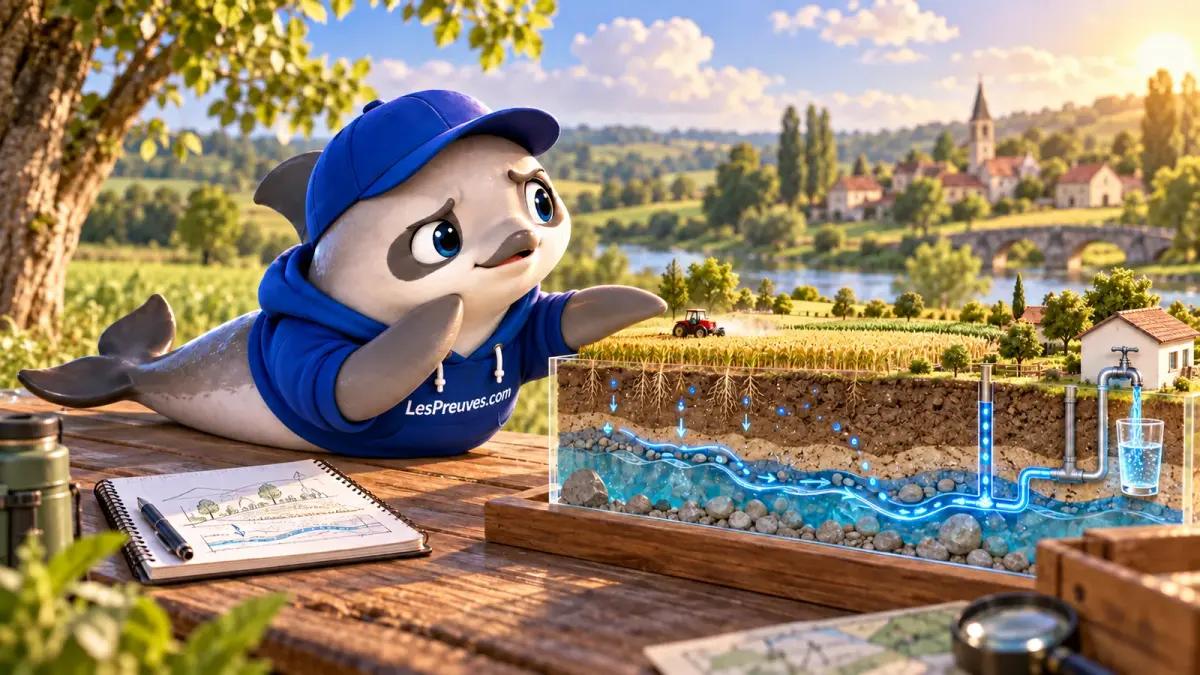 Nitrates et pesticides : du champ à la nappe La vaquita observe une maquette montrant l’infiltration de l’eau d’un champ vers une nappe et un captage.