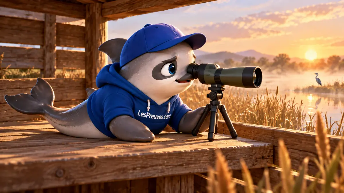 La vaquita observe un oiseau à distance avec une longue-vue depuis un affût.