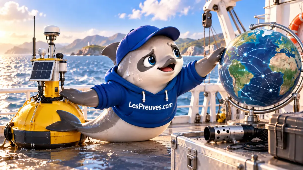 OceanEye : pourquoi l'observation de l'océan devient une priorité climatique — illustration La vaquita présente un globe et des instruments d’observation de l’océan sur un navire de recherche.