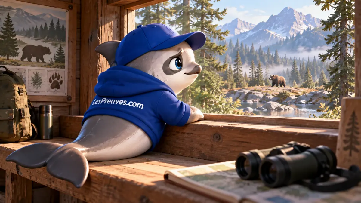 La vaquita observe à distance un ours dans un paysage forestier depuis un abri.