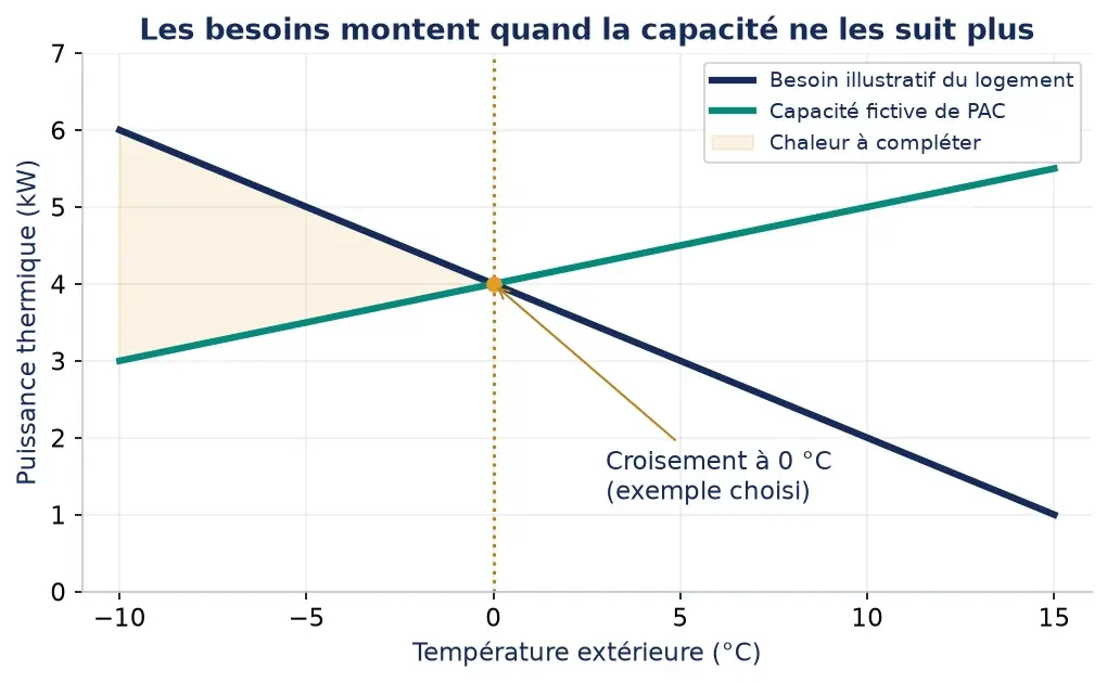 Exemple fictif : besoin 6 kW à −10 °C et 4 kW à 0 °C ; capacité PAC 3 kW à −10 °C et 4 kW à 0 °C. Croisement à 0 °C, appoint nécessaire pour la différence dans ce modèle.