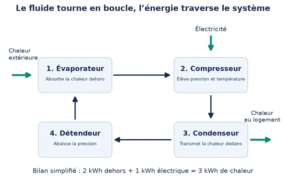 Pompe à chaleur : cycle Boucle de fluide : évaporateur, compresseur, condenseur, détendeur. La chaleur entre à l’évaporateur, l’électricité alimente le compresseur et la chaleur quitte le condenseur vers le logement. Bilan illustratif 2+1=3 kWh.