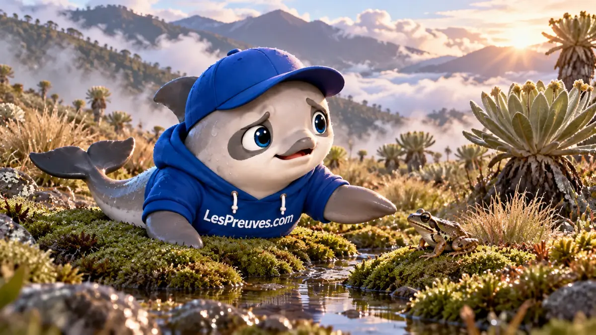 Le páramo : à quoi ressemble l’habitat des grenouilles des hautes Andes ? : illustration La vaquita observe une grenouille générique près d’un ruisseau, de mousses et de frailejones dans un paysage de páramo andin.
