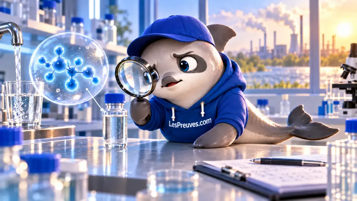 PFAS et TFA : examiner les polluants de l’eau La vaquita examine un échantillon d’eau claire à la loupe, près d’une représentation moléculaire symbolique.