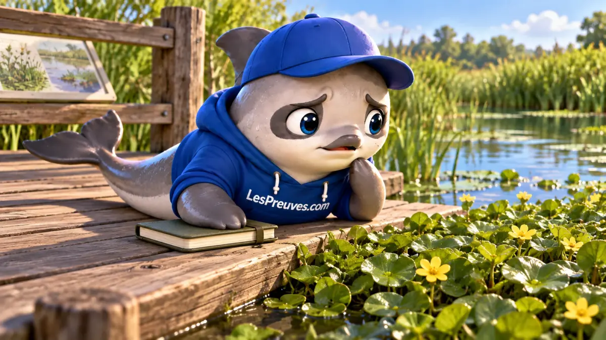 La vaquita préoccupée observe une végétation dense à fleurs jaunes au bord d’un bassin.