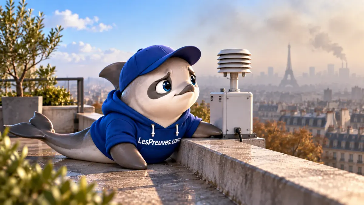 La vaquita inquiète observe une ville voilée de brume près d’un appareil de mesure de l’air.