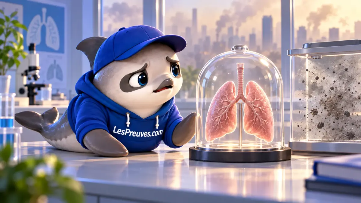 La vaquita examine un modèle de poumons et une démonstration de particules en laboratoire.