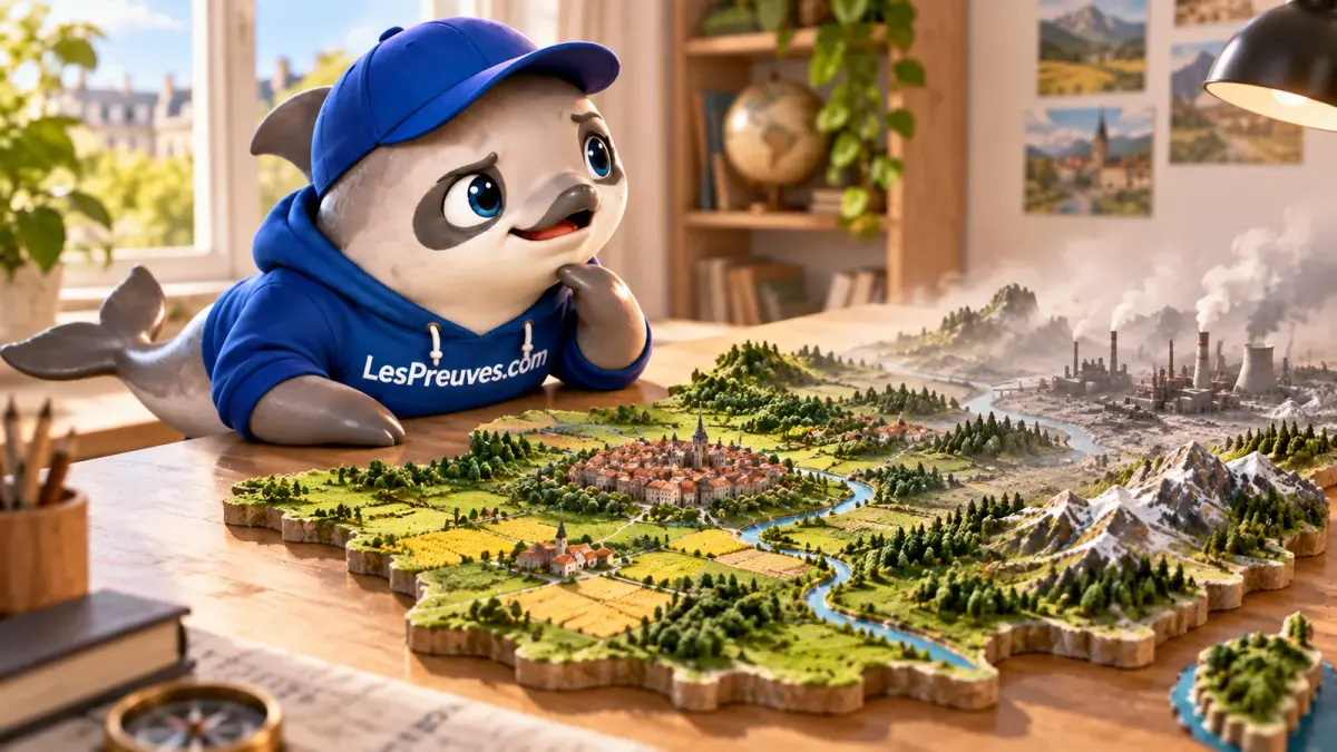 La vaquita observe une maquette de paysages français avec une vallée industrielle.