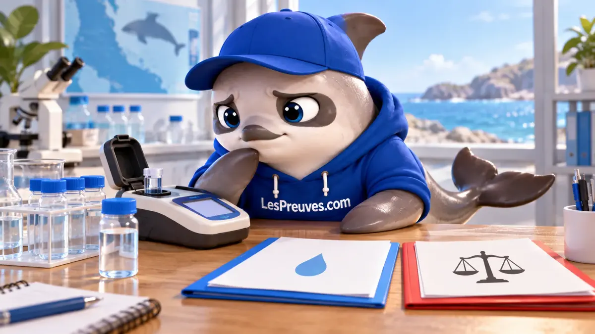 La vaquita compare un appareil d’analyse de l’eau et des dossiers de référence.