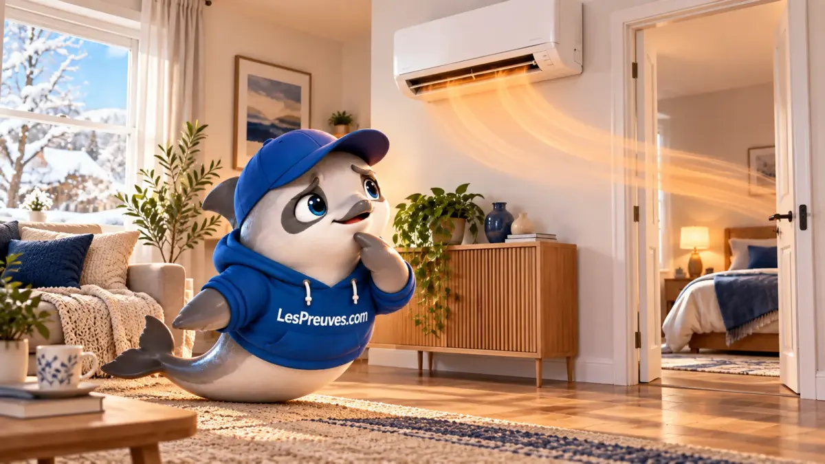 La vaquita observe une unité intérieure de pompe à chaleur air-air dans un séjour ouvert sur une chambre.