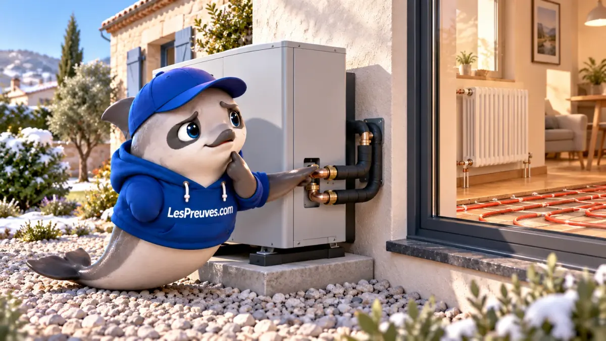 Pompe à chaleur air-eau : ce qui fait la différence dans une maison — illustration La vaquita examine les conduites d’une pompe à chaleur air-eau près d’une maison avec radiateur et plancher chauffant.