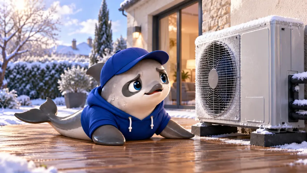 La vaquita observe une unité extérieure légèrement givrée sur une terrasse en hiver.