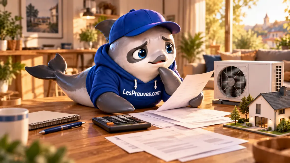 La vaquita examine un devis illustratif avec une calculatrice et une maquette de logement équipé d’une pompe à chaleur.