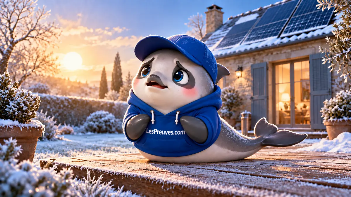 La vaquita frissonne devant une maison équipée de panneaux solaires sous le soleil hivernal.