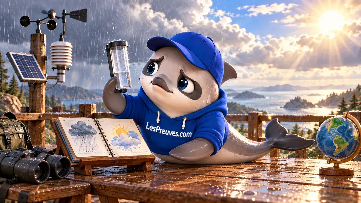 La vaquita intriguée compare un pluviomètre et un carnet pour distinguer météo et climat.
