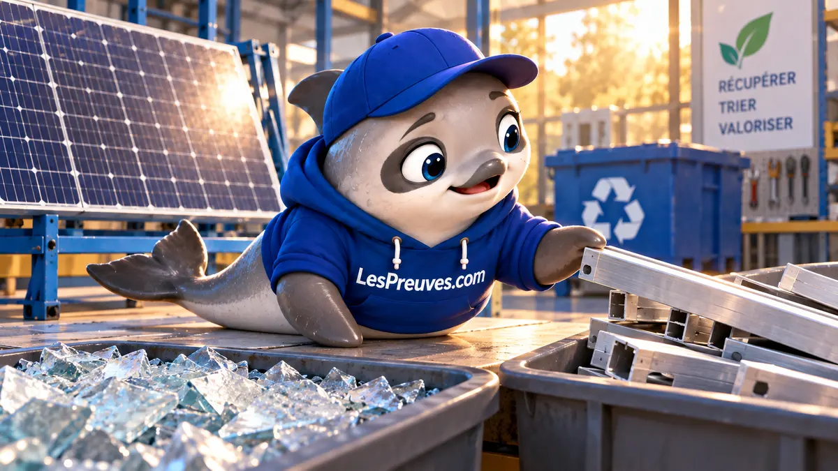 La vaquita examine des cadres métalliques et du verre séparés dans un atelier de recyclage solaire.