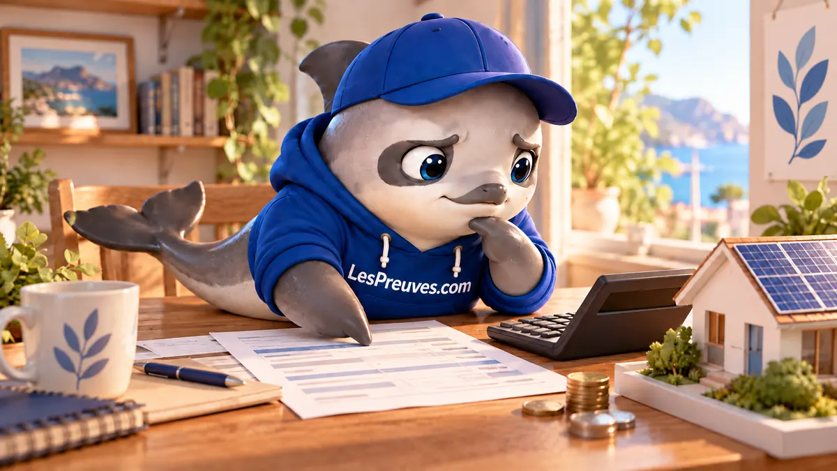 La vaquita réfléchit devant une calculatrice, un budget et une maquette de toiture solaire.
