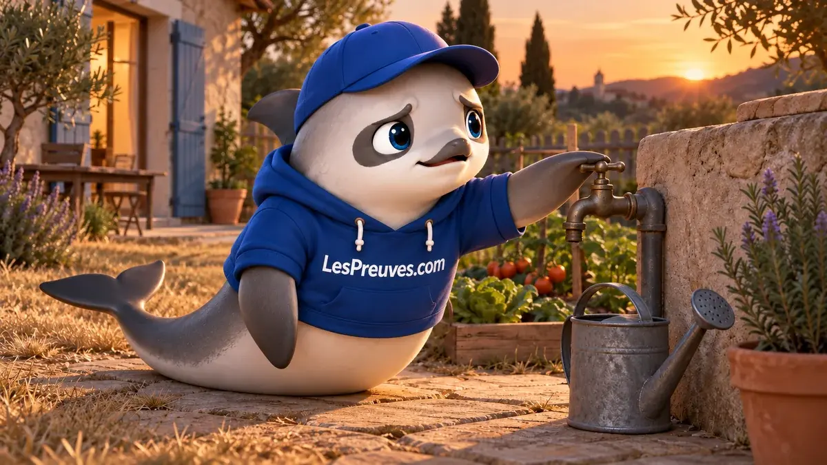 La vaquita ferme un robinet extérieur près d’un arrosoir et d’un potager.