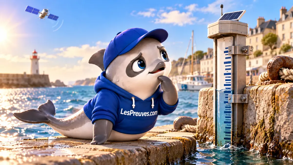 La vaquita observe une station de mesure du niveau de la mer sur un quai ; un satellite est représenté à titre illustratif.