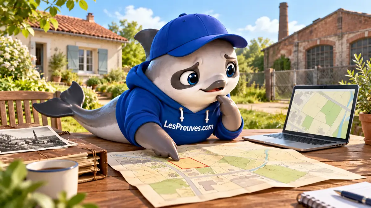 La vaquita LesPreuves examine une carte de parcelles et un ordinateur devant une maison et un ancien atelier, dans une scène illustrative.